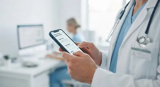 Lekarz trzymający smartfon w jasnym gabinecie medycznym